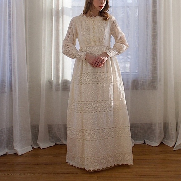 EMMA DOMB of California 1960s 70s Lace Prairie Wedding Dress - Picture 1 of 16